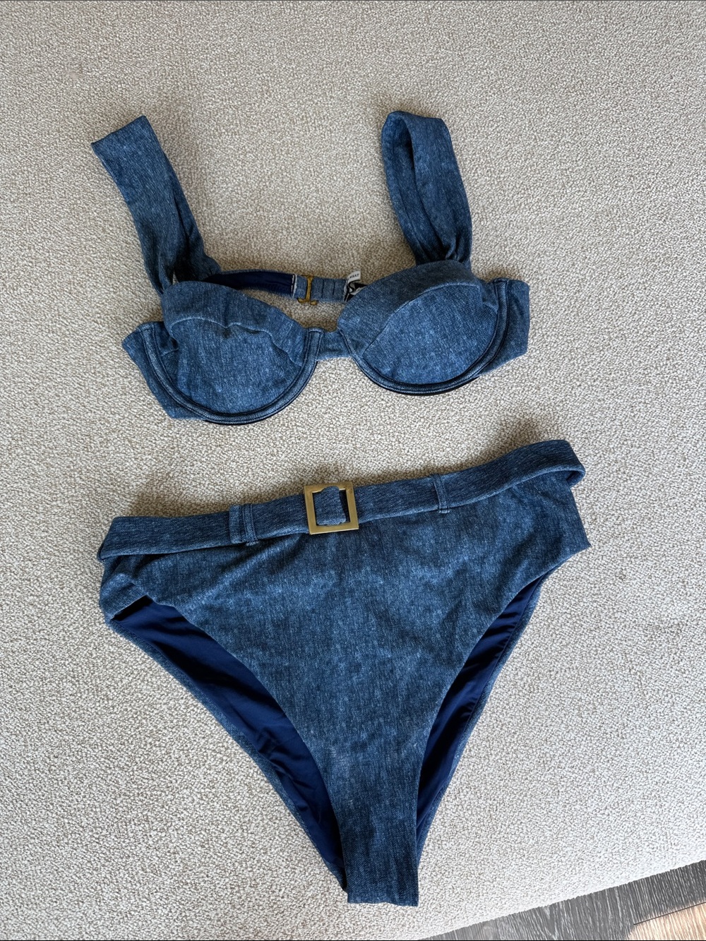 WeWoreWhat Denim-Effect Blue High-Waist Bikini Set with Buckle